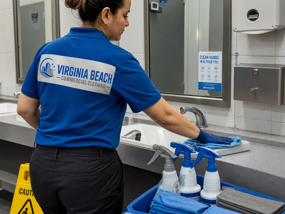 Cleaner restocking consumables and wiping fixtures with color-coded microfiber cloths