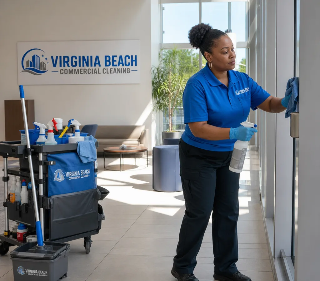 Commercial janitorial team member restocking supplies and wiping high-touch points in a Virginia Beach office lobby with a janitorial cart nearby