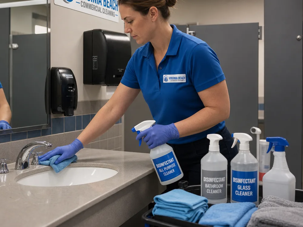 Cleaner wearing gloves disinfecting restroom touch points with labeled bottles and microfiber cloths on a janitorial cart