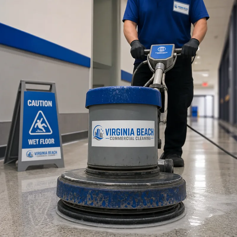 Technician operating a low-speed floor machine on VCT with wet floor signage in a commercial corridor