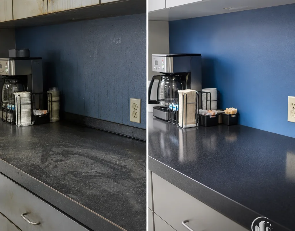 Before-and-after view of grease film and touchpoint smudges removed from a commercial breakroom