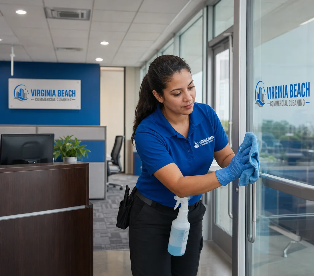 Commercial cleaner detailing high-touch surfaces in a professional Virginia Beach office
