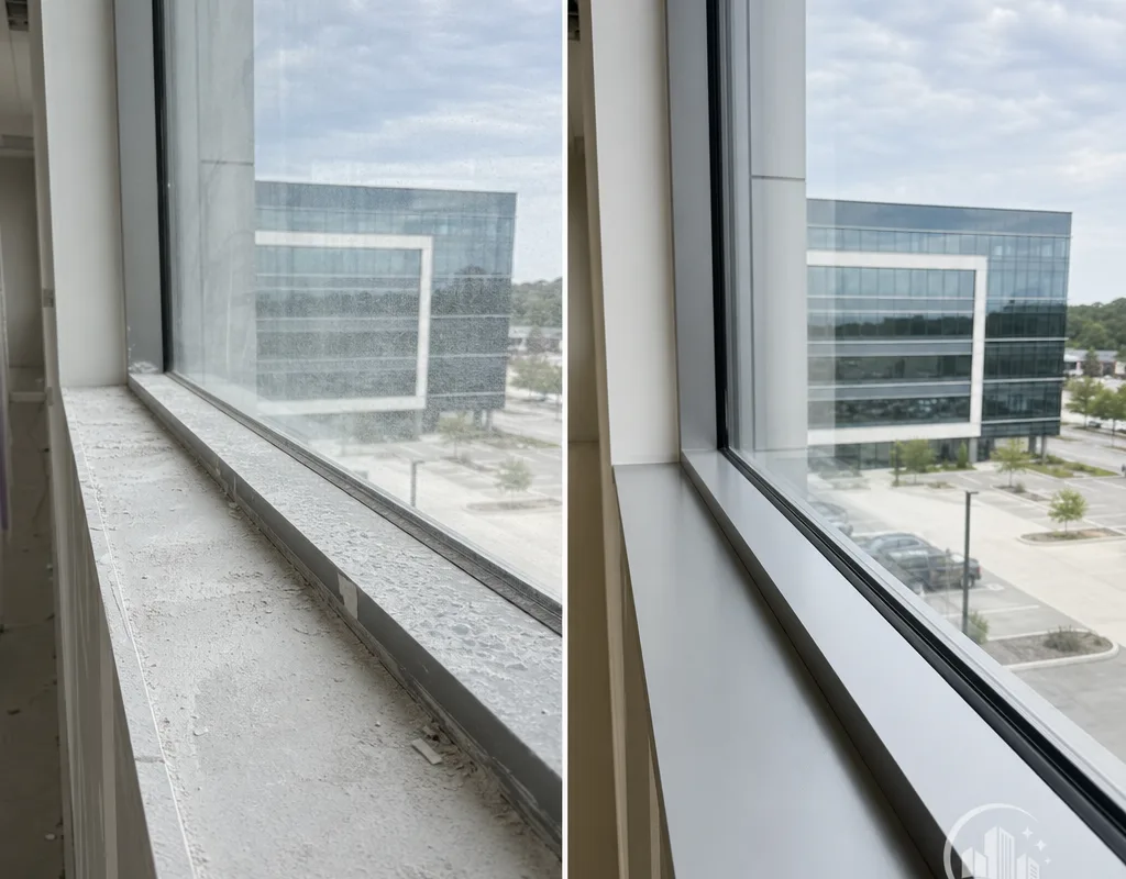 Before and after view of dusty window sills and glass cleaned for a commercial walkthrough