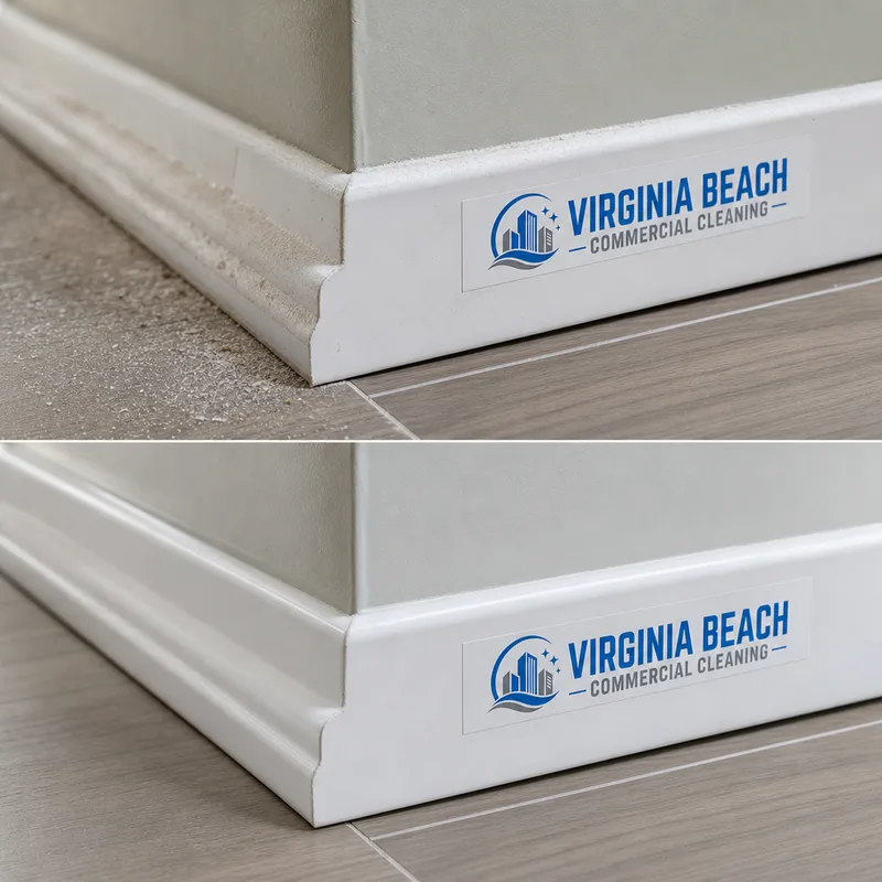 Clean baseboard and flooring transition after fine construction dust removal