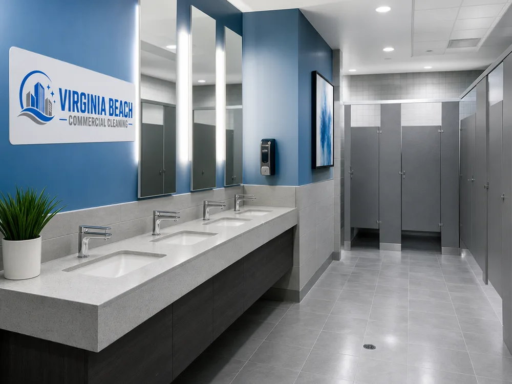 Finished commercial restroom cleaned after construction with clear mirrors and residue-free fixtures