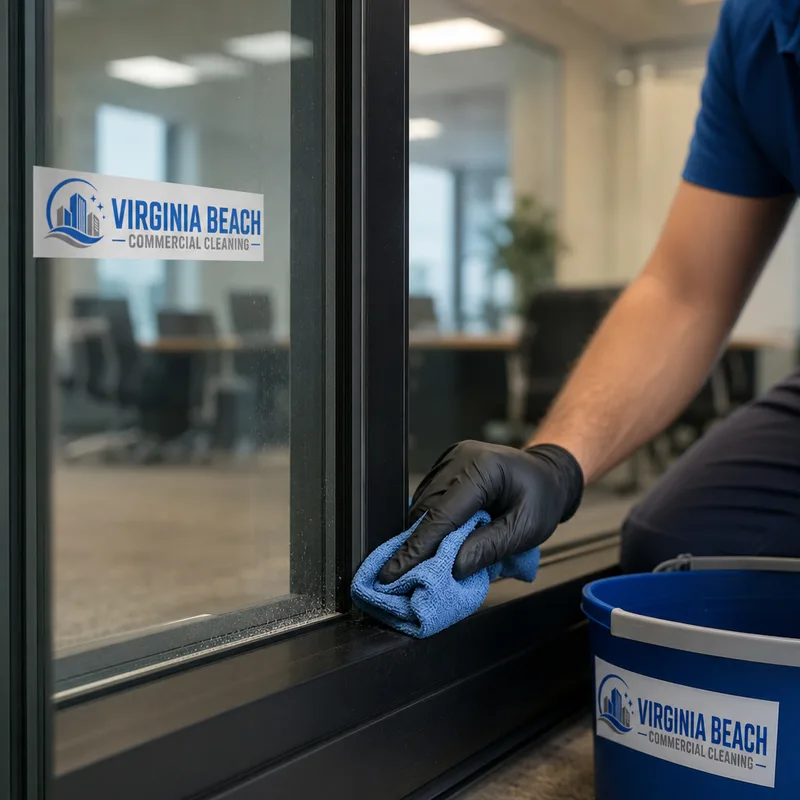 Technician cleaning the edges and corners of an interior office glass partition where fingerprints and haze collect