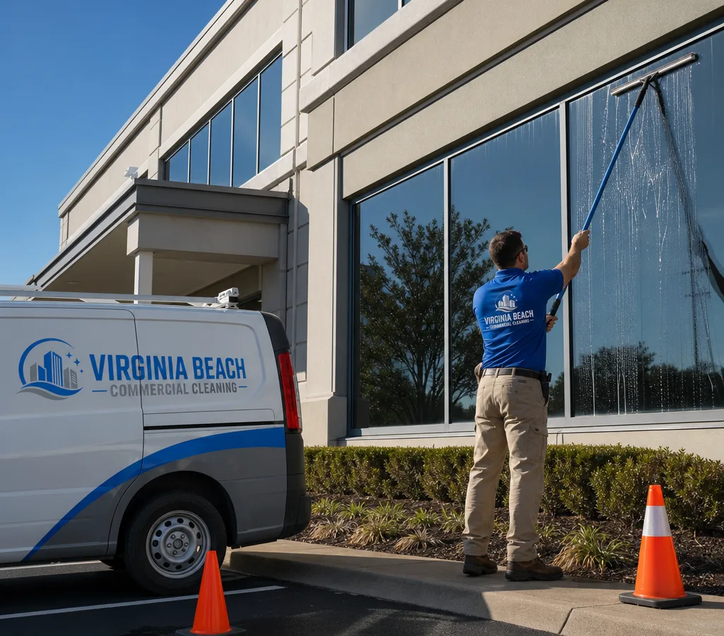 Technician cleaning large exterior office windows on a low-rise Virginia Beach commercial building with safety cones around the work area
