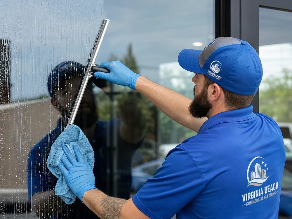 Close-up of a squeegee removing a water line from a large commercial pane while the edge is detailed with microfiber