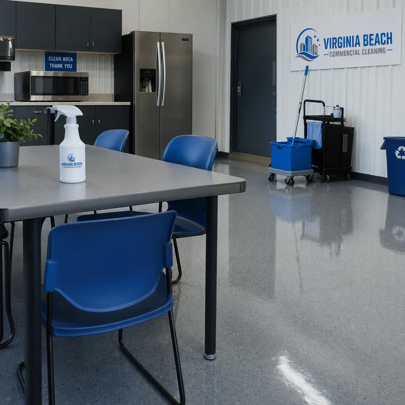Cleaned and organized industrial facility breakroom with sanitized tables, a cleaned microwave area, and freshly mopped floor