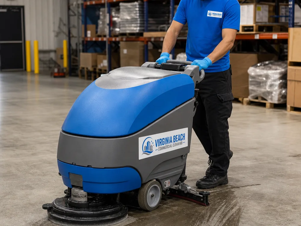 Walk-behind auto scrubber removing tire marks from an industrial concrete floor with warehouse shelving in the background