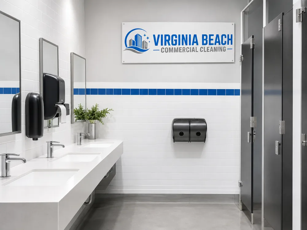 Bright, cleaned industrial building restroom with wiped fixtures, stocked unbranded dispensers, and dry floors