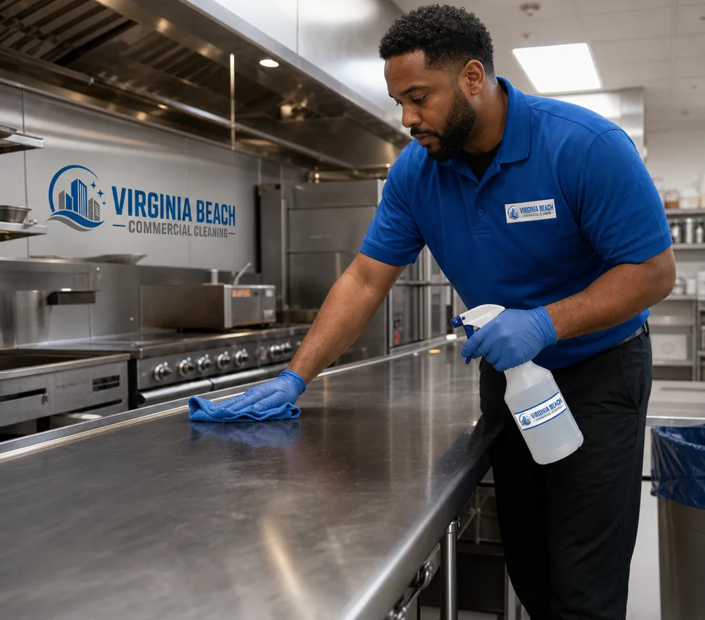 After-hours professional cleaner sanitizing a restaurant prep line and stainless equipment in a commercial kitchen with clean dry floors and surfaces