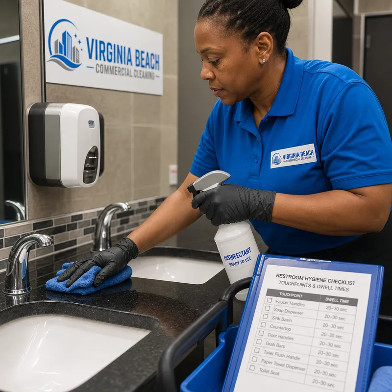 Cleaner disinfecting restroom sink fixtures and dispenser exteriors beside a touchpoint checklist