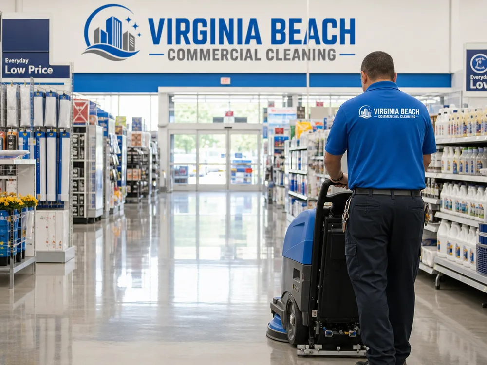Clean retail aisle with polished floors, tidy baseboards, and clear sightlines under bright lighting
