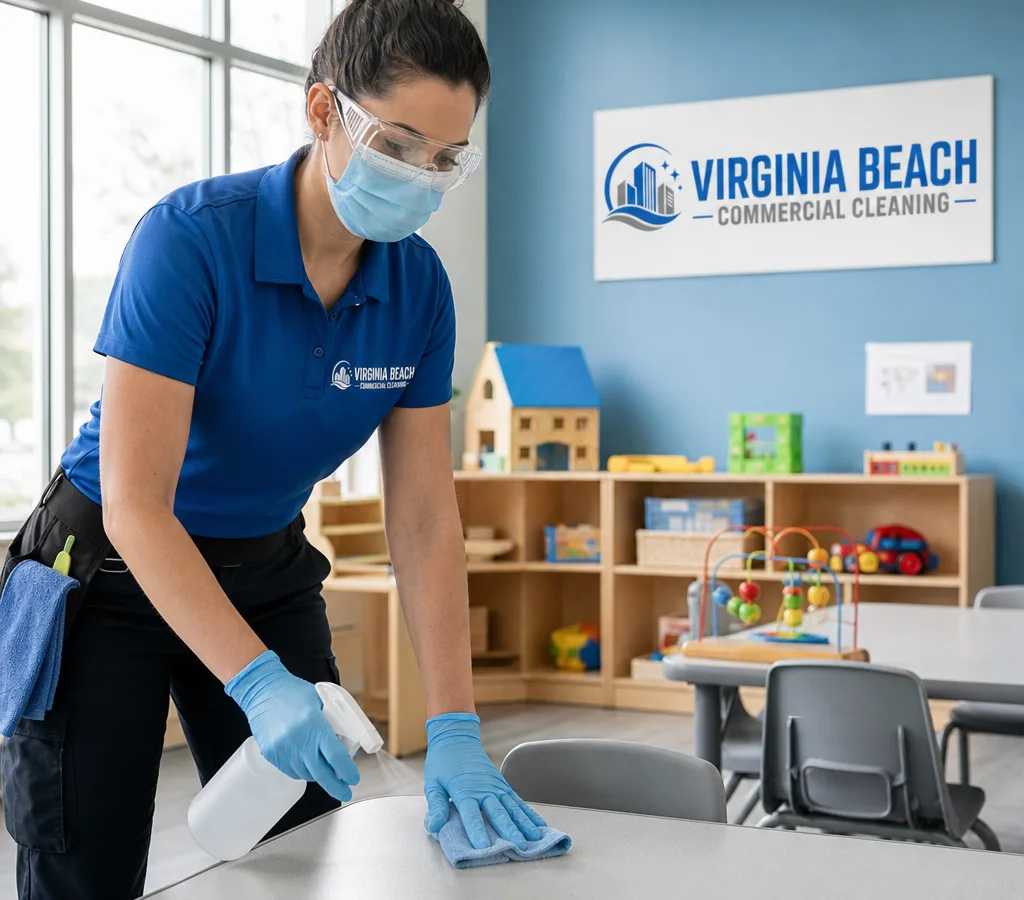 Professional cleaner in PPE disinfecting high-touch surfaces in a bright Virginia Beach childcare classroom