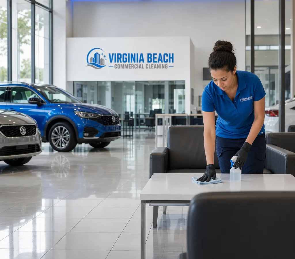 Uniformed cleaner detailing a bright auto showroom with polished floors, clean glass, and a customer lounge