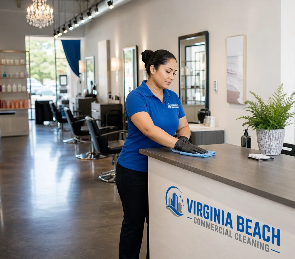 Clean Virginia Beach salon with styling stations and a cleaner wiping the reception counter