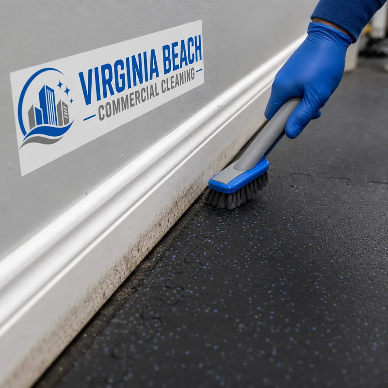 Technician edge-scrubbing beside rubber gym flooring and removing a visible soil line