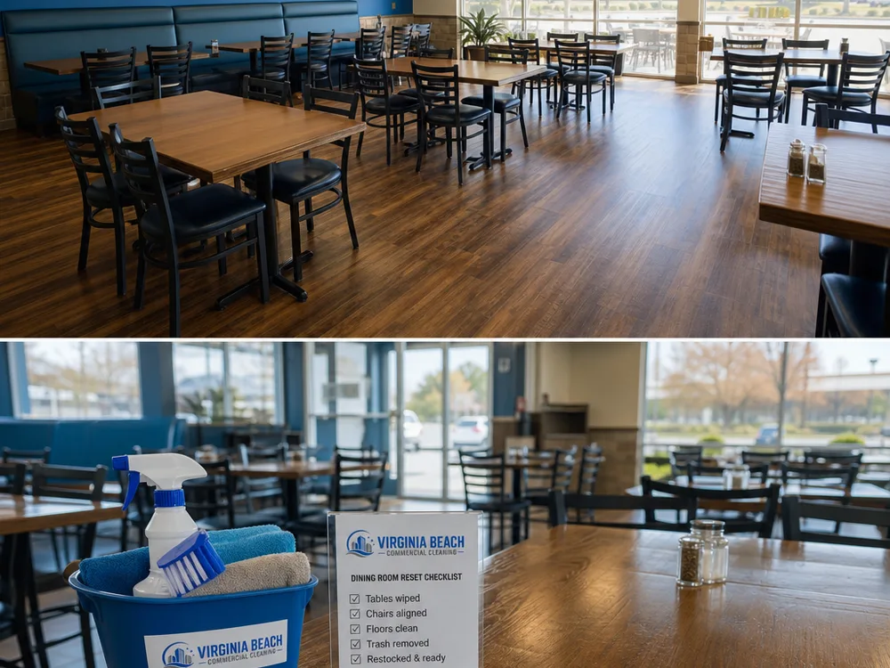 Restaurant dining room reset before opening with wiped tables, aligned chairs, clean floors, and removed trash